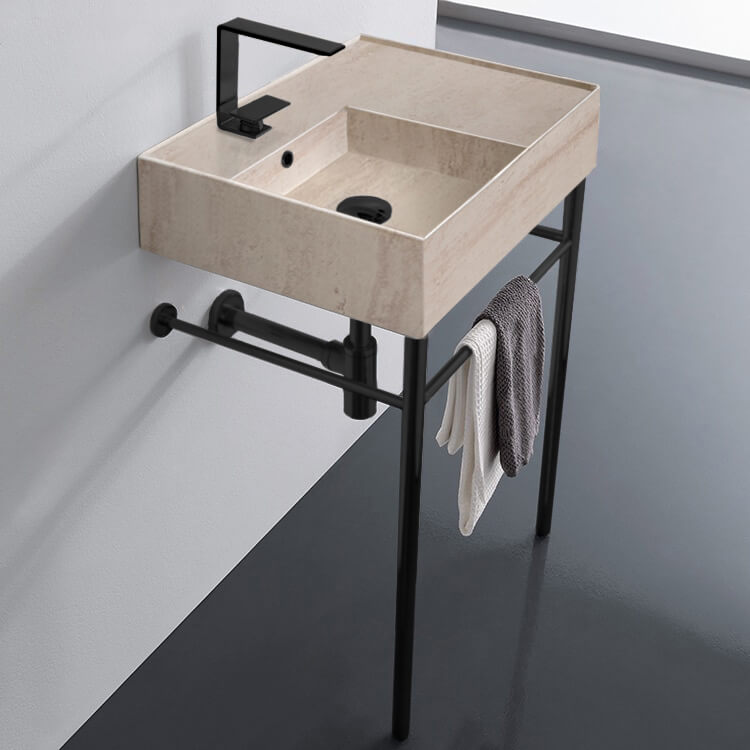 Scarabeo 5114-E-CON-BLK Beige Travertine Design Ceramic Console Sink and Matte Black Stand, 24 Inch